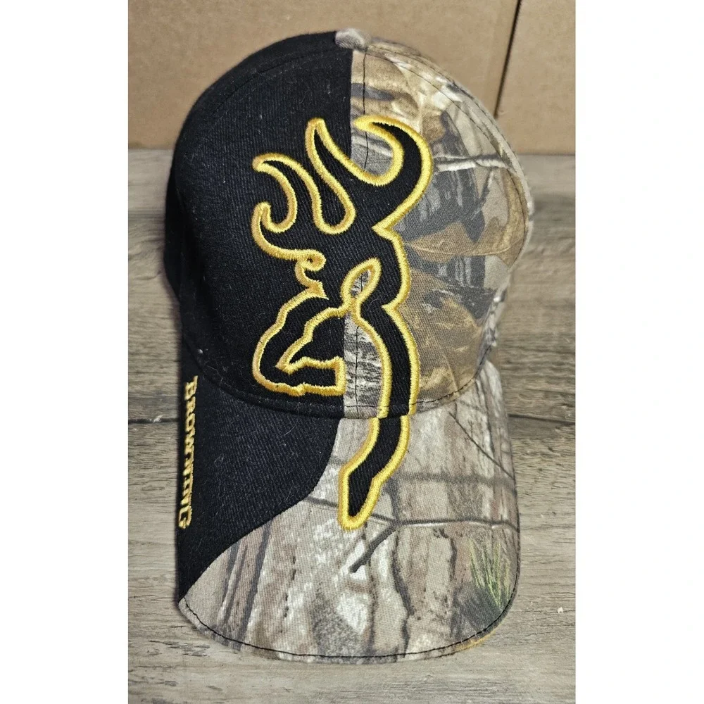 Browning Mens Realtree Camo Black Split Panel Buckmark Logo Adjustable Hat Cap